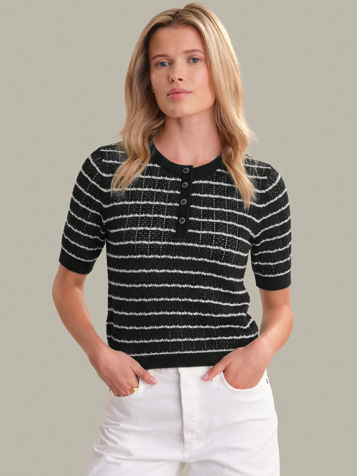 Astrid: Textured Stripe Henley Pullover