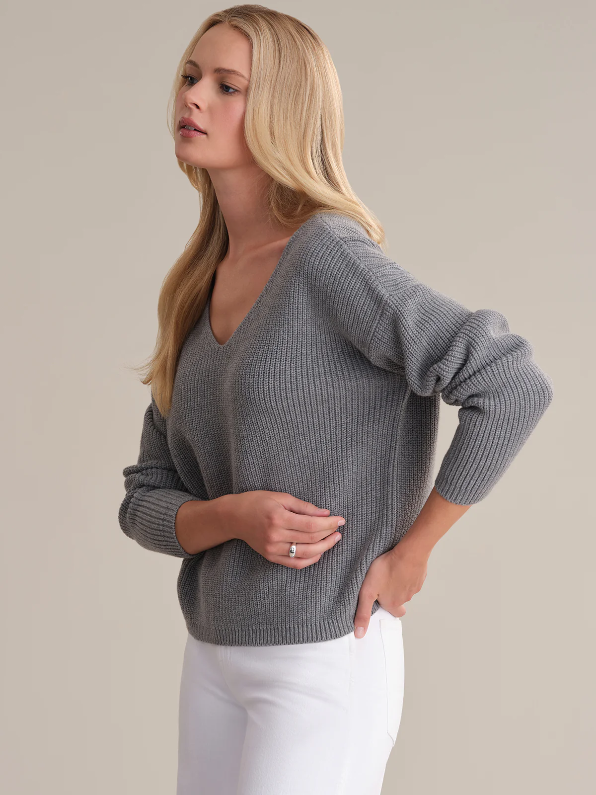 Ava: V-Neck Shaker Stitch Cotton Sweater - Image 2