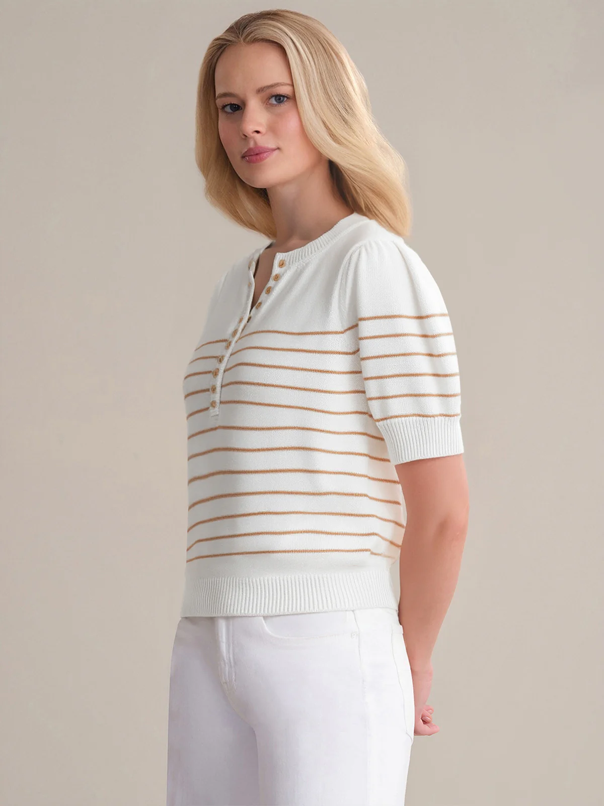 Carly: Stripe Half Button Cotton Sweater - Image 2