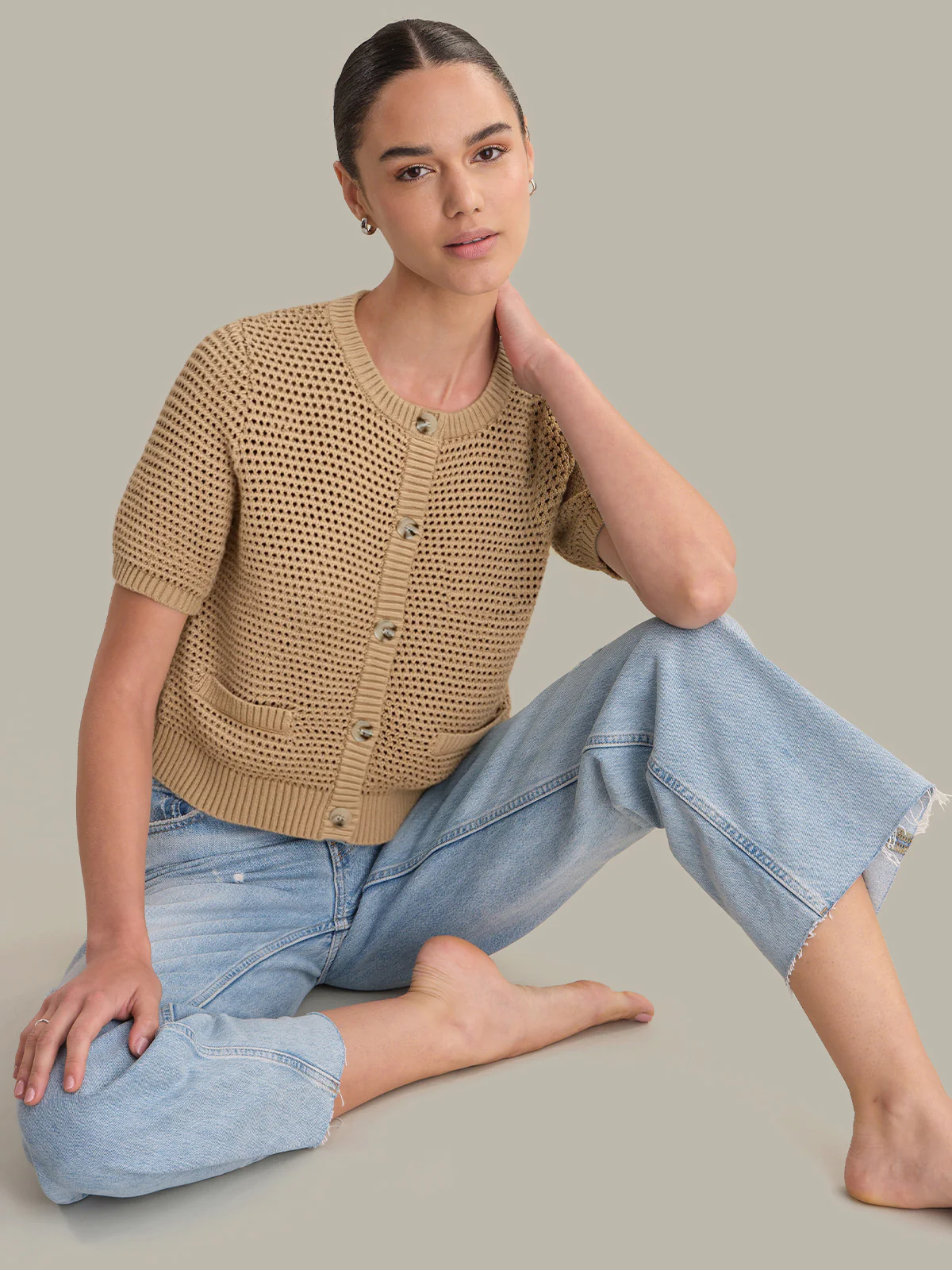 Celine: Cotton Cropped Pointelle Cardigan