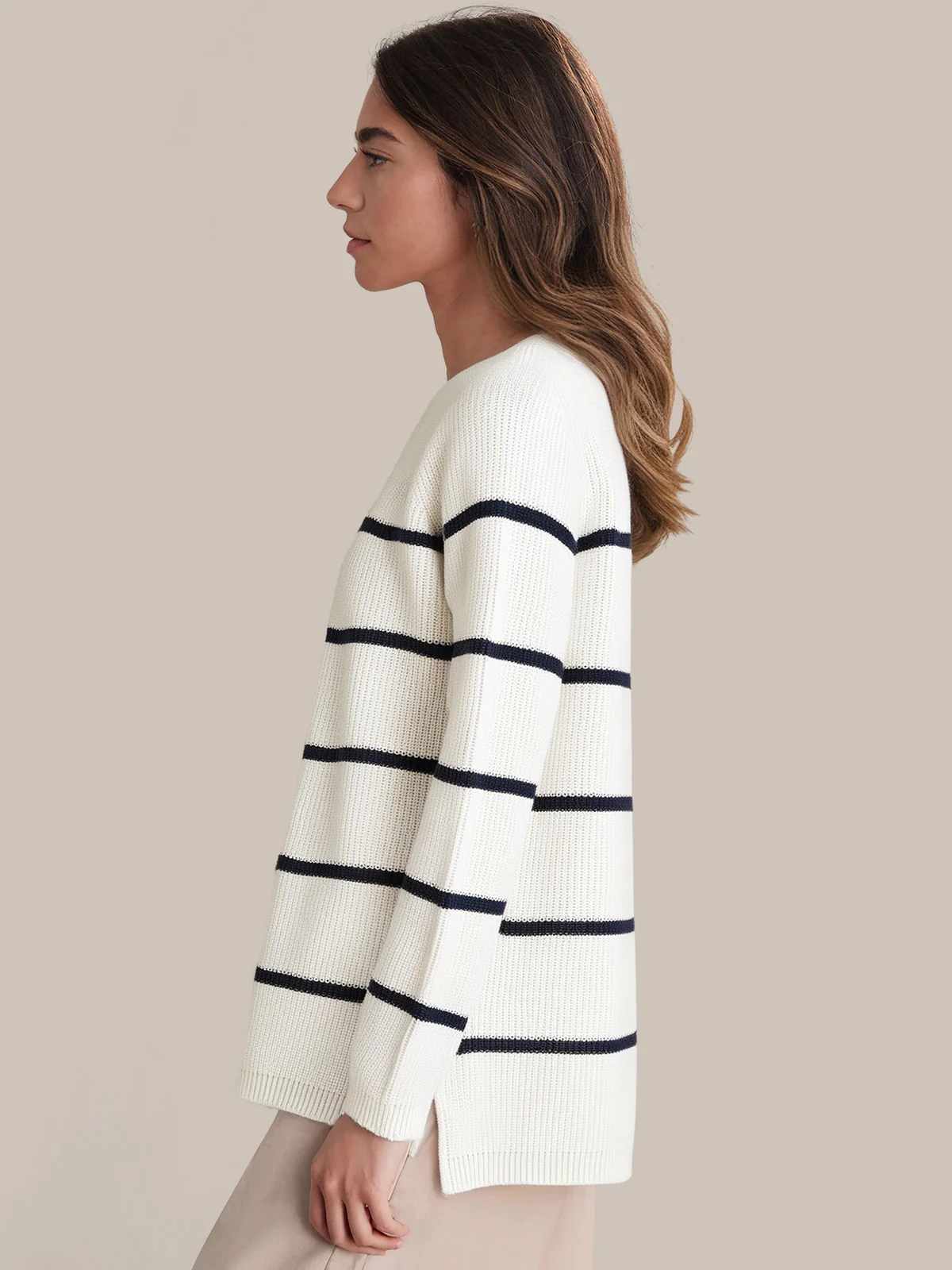 Emma: Stripe Crewneck Shaker Stitch Cotton Sweater - Image 2