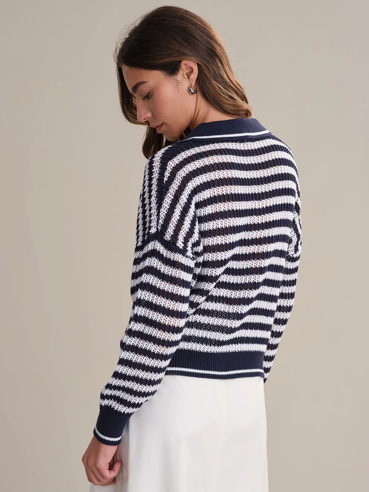 Kimberly: Cotton Stripe Open Stitch Polo Sweater - Image 3