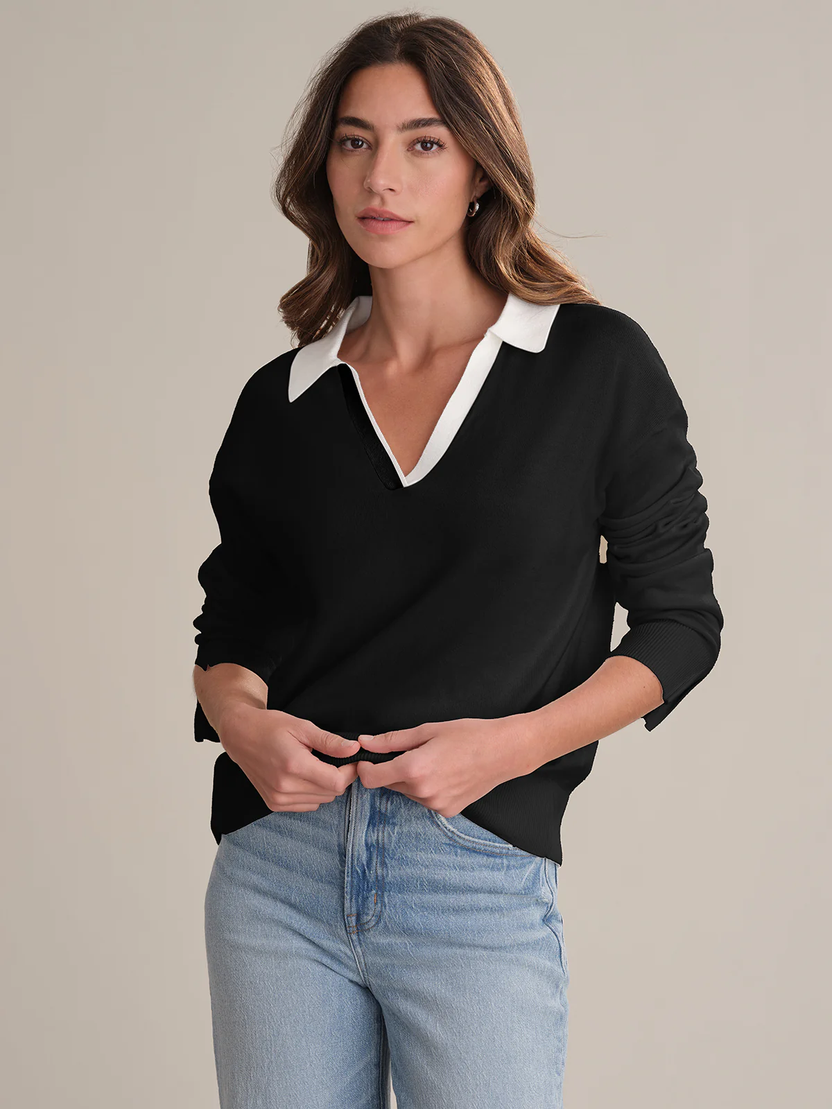 Maddi: V-Neck Double Collar Cotton Pullover
