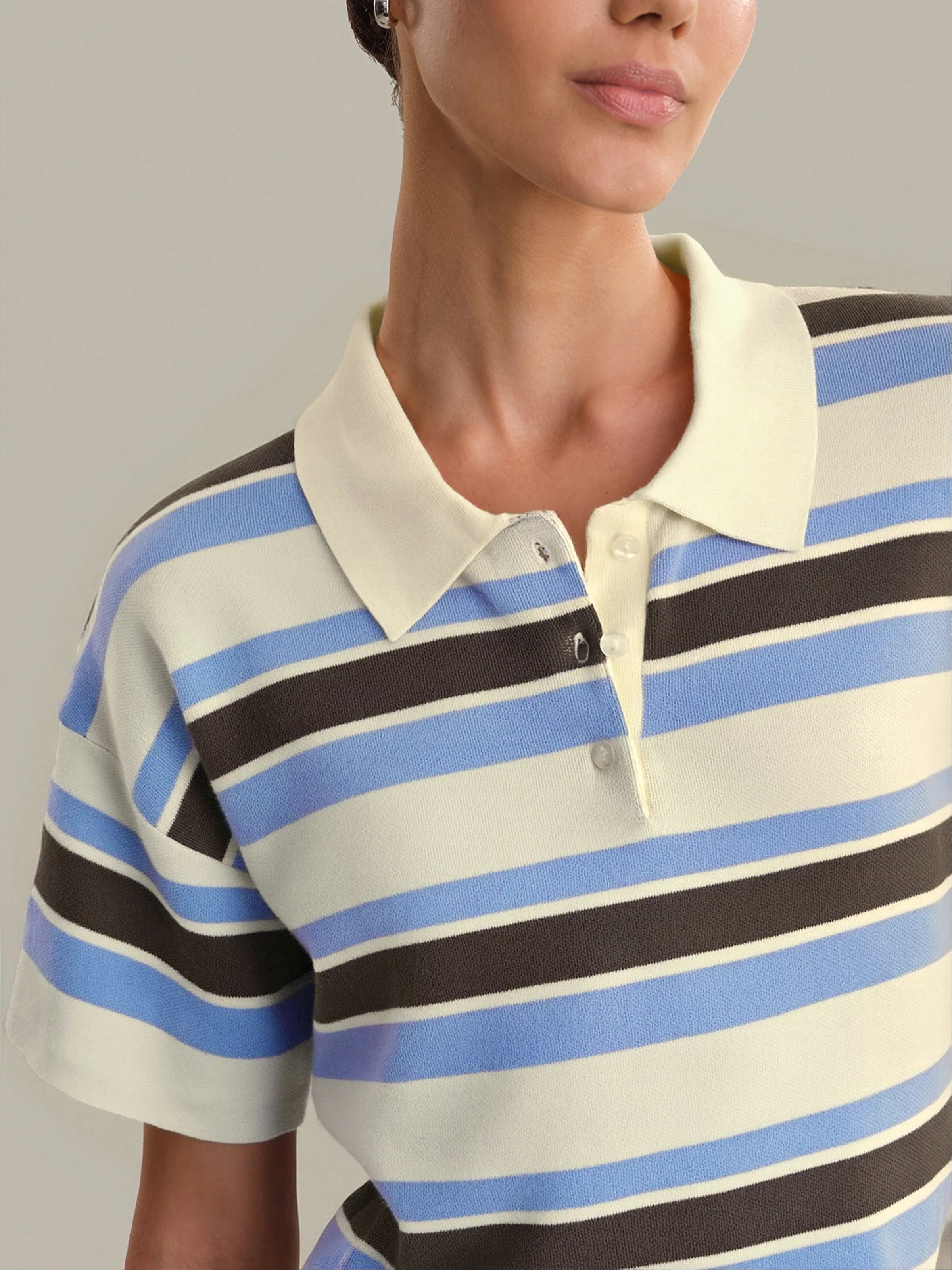 Mila: Stripe Short Sleeve Polo Crop Sweater - Image 4
