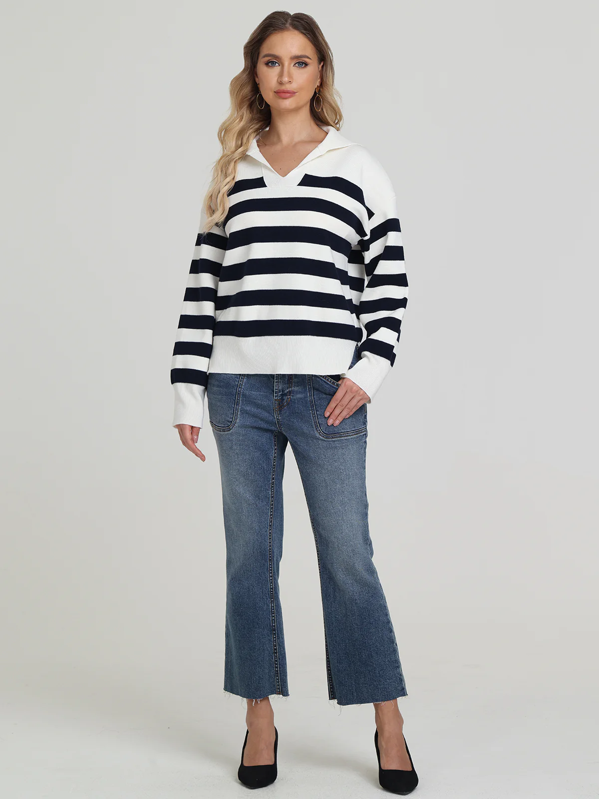 Peggy: Stripe Open Collar Sweater - Image 4