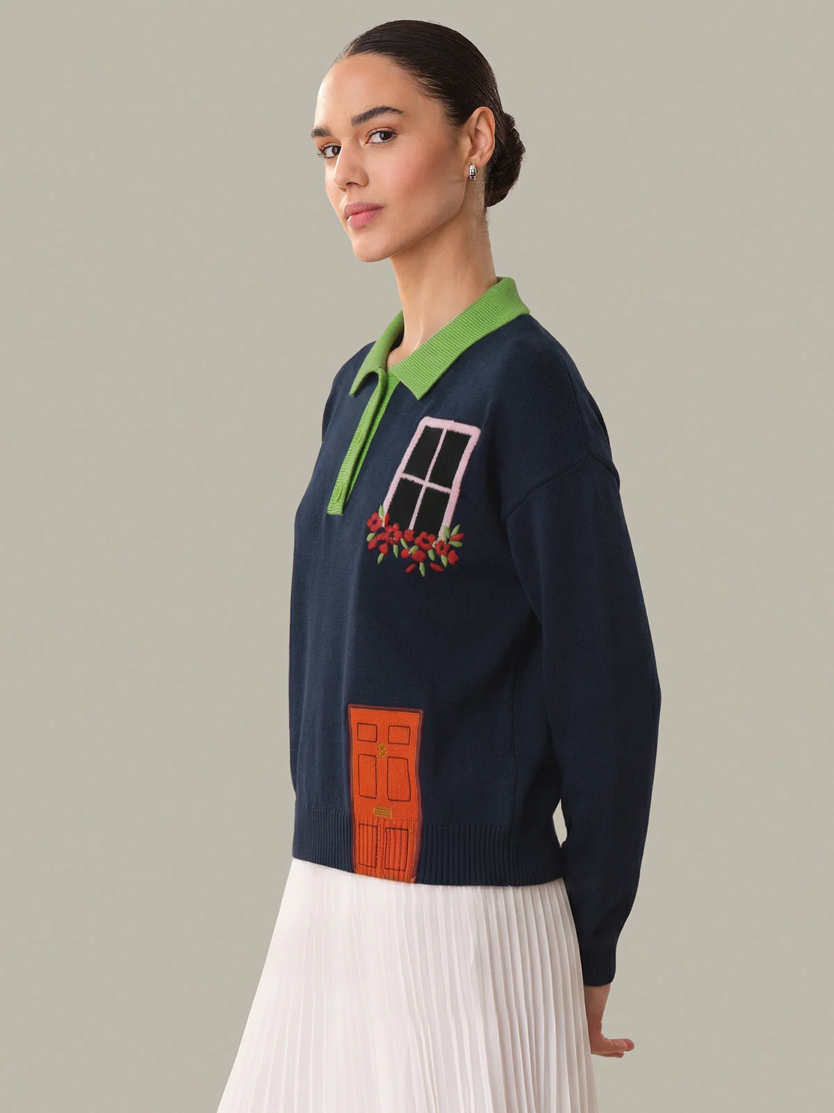 Pippa: House Intarsia Cotton Polo Sweater - Image 2